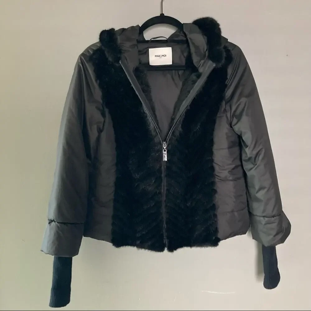 Max & Moi‎ Paris fur quilted hooded puffer bomber jacket black sweater sleeve